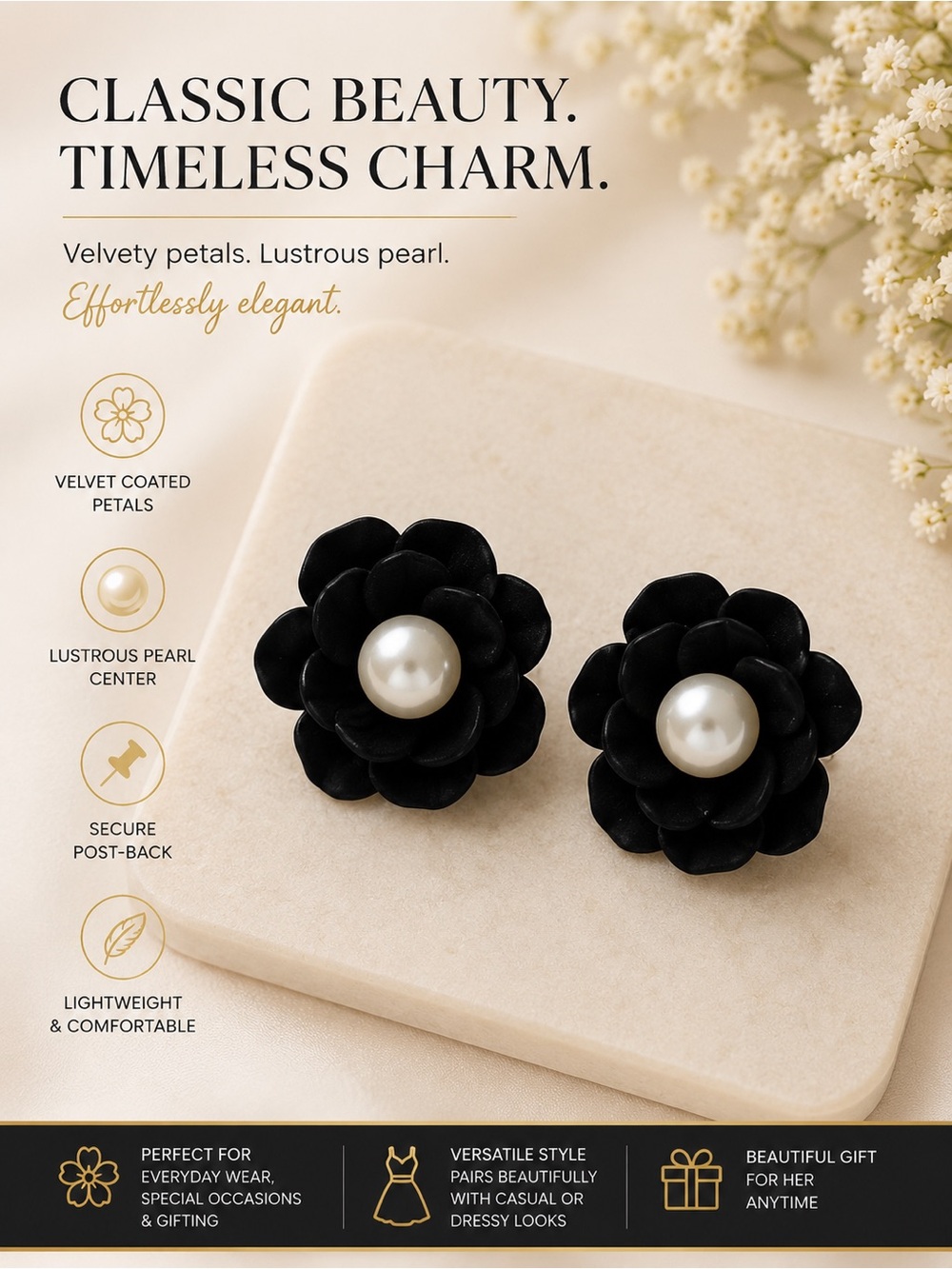 paparazzi Black Velvet Flower Pearl Center Earrings